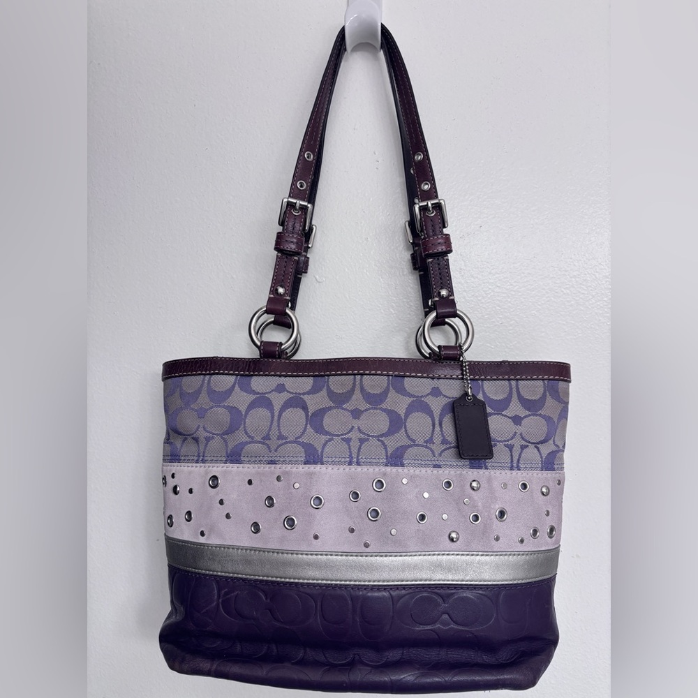 COACH Signature Patchwork Tote F13075 Purple Lilac Suede w/ grommets & zip top
